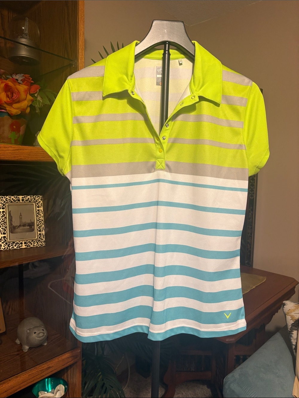 Callaway Neon Yellow, Gray & Teal Striped Polo
